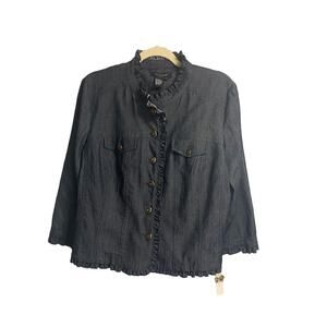 New Sandro Denim Military Style Button Up‎ Ruffle Peplum Jacket Size Large